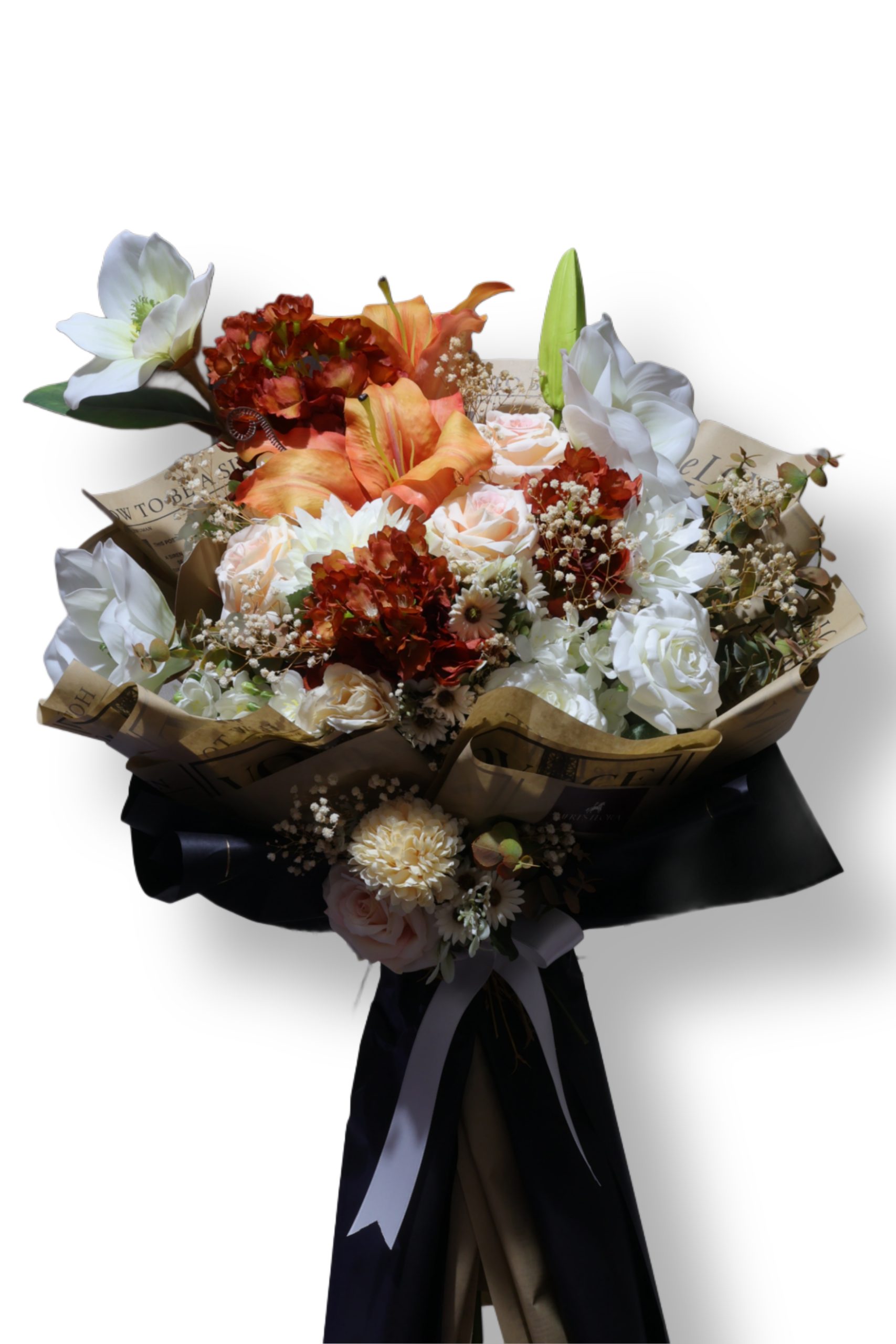 Turuncu lilyum ve beyaz güllerden oluşan sonbahar yapay çiçek buketi